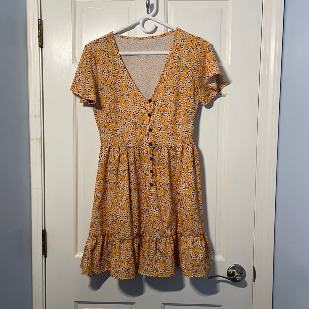 Yellow Flowy Floral Deep V-Neck Sun Dress